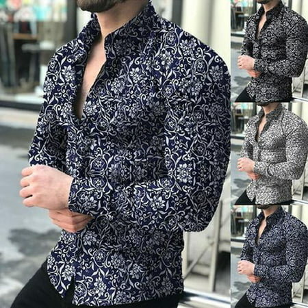 High Quality Cotton Long Sleeves Shirt For Men Floral Pattern Turn Down Collar